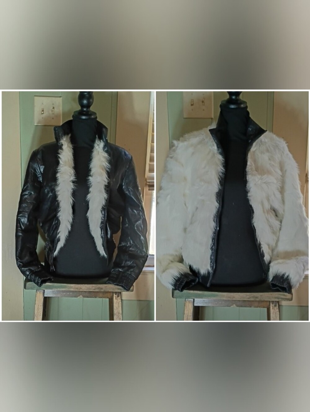 Rare Y2K Black Bomber Reversible White Fur Jacket By BB Dakota